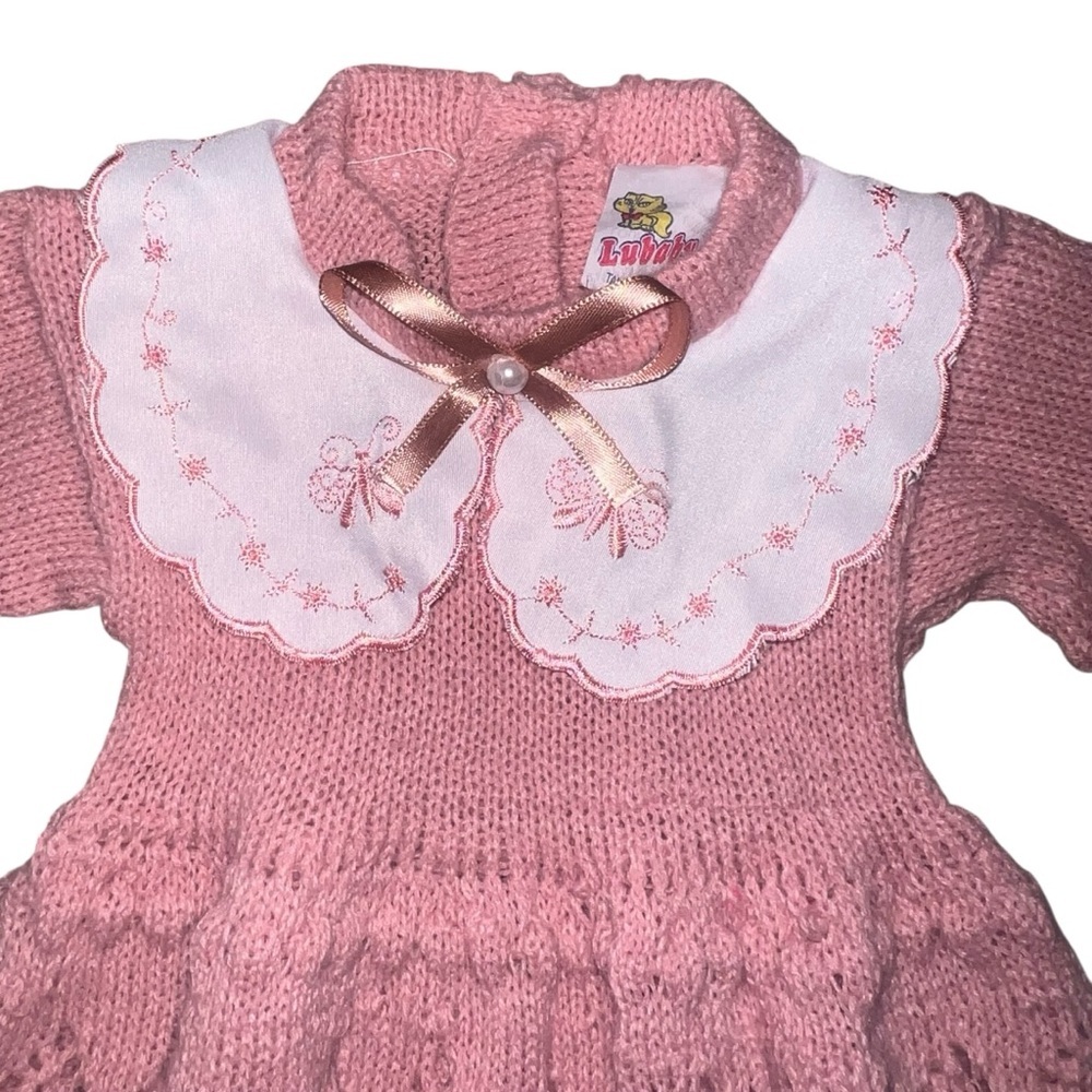 EUC Vintage Pink Knit Baby One-Piece Romper Peter Pan Collar Pink Bow 3-6 Month - Picture 2 of 6